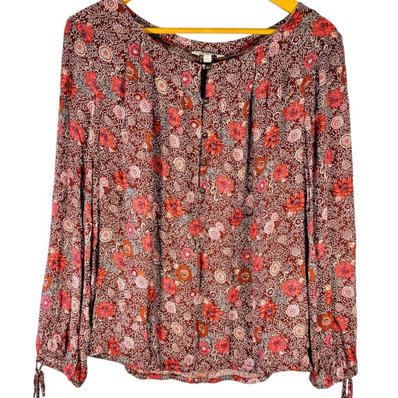 Lucky Brand Tops - Lucky Brand Floral Maroon Keyhole Long Sleeve Blouse Top Women's Size Large L